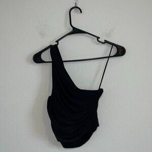 express one shoulder cropped ruched mesh top